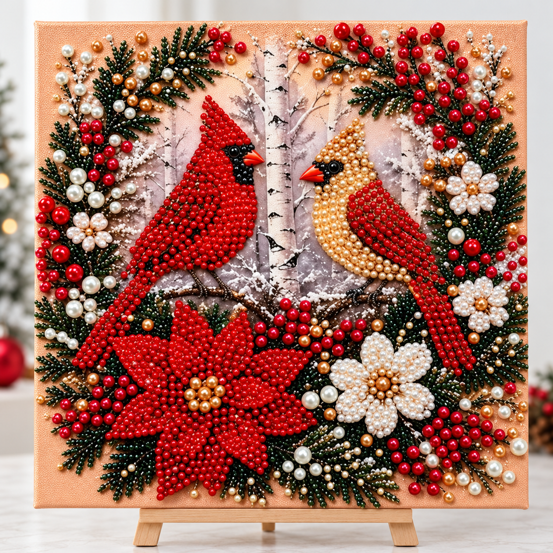 Christmas cardinal pair and poinsettia 3D pearl beaded artwork