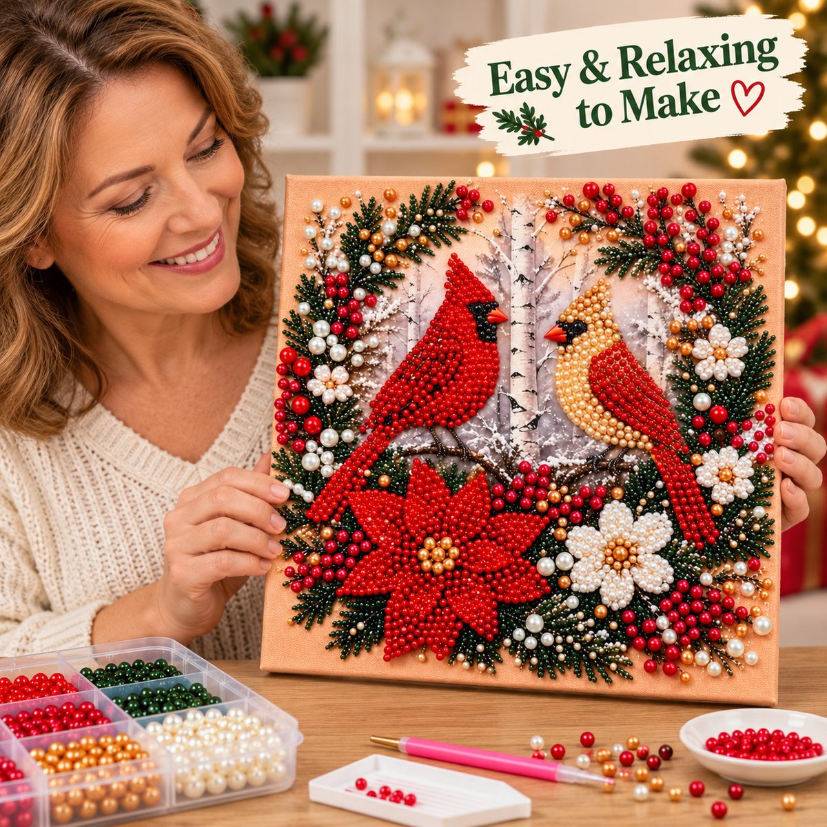 🎄✨ Cozy Christmas Pearl Art™ – Beginner-Friendly 3D Beaded DIY Craft Kit | Hot Cocoa & Christmas Cardinals | Handmade Holiday Décor & Gifts ❤️