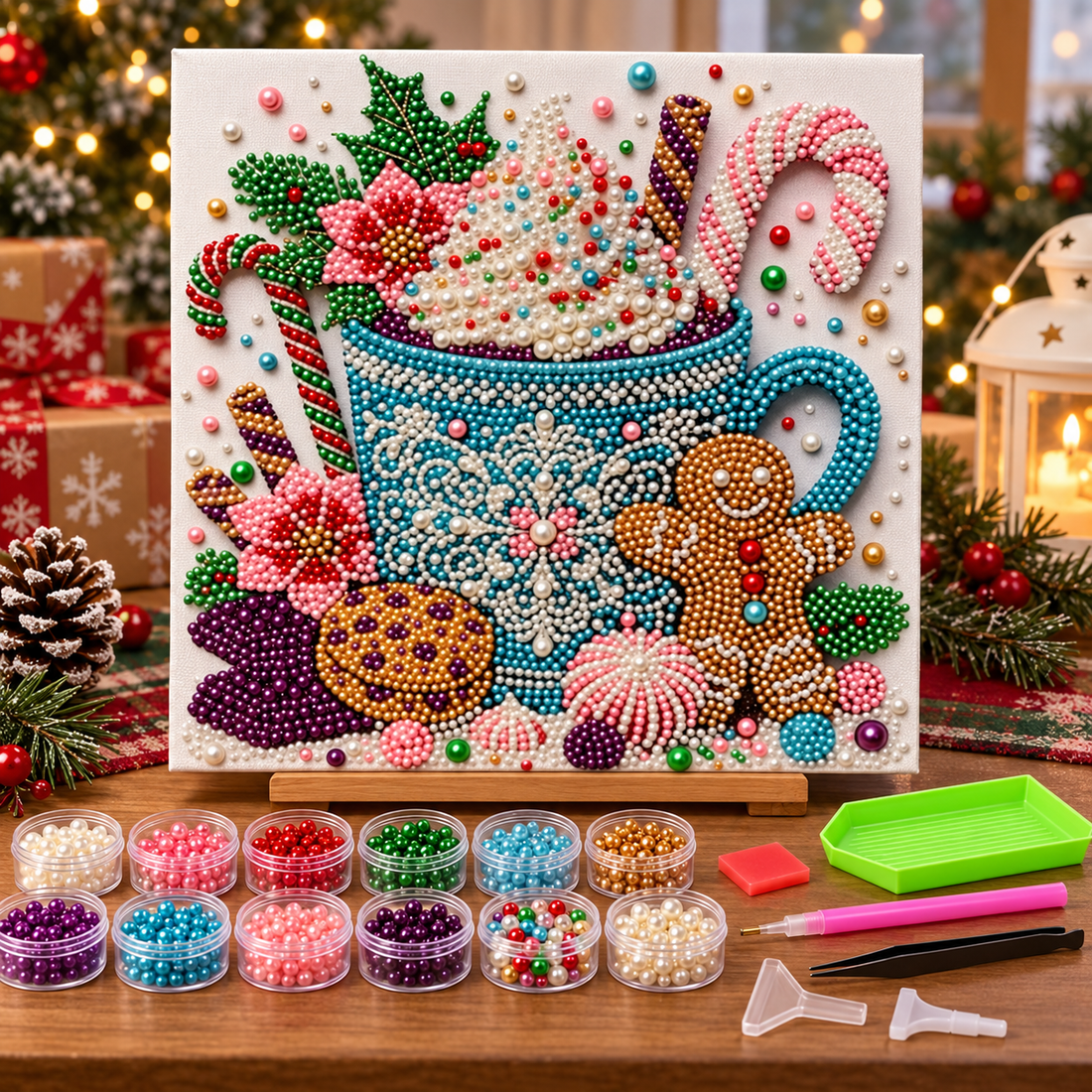 Christmas Pearl Art project with bead colors and placement tools displayed