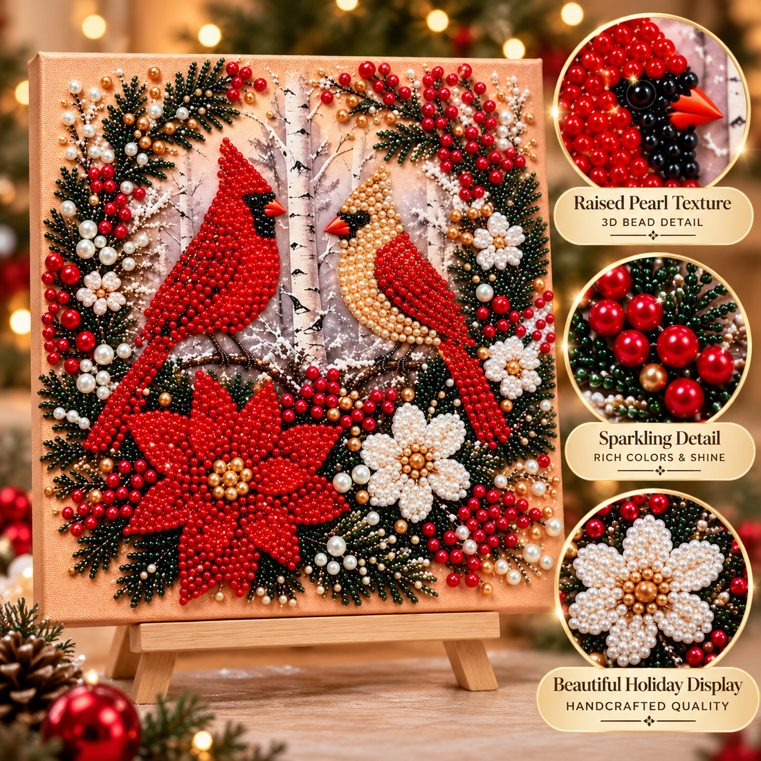 Detailed close-up of raised beads, cardinal feathers, berries and white flowers