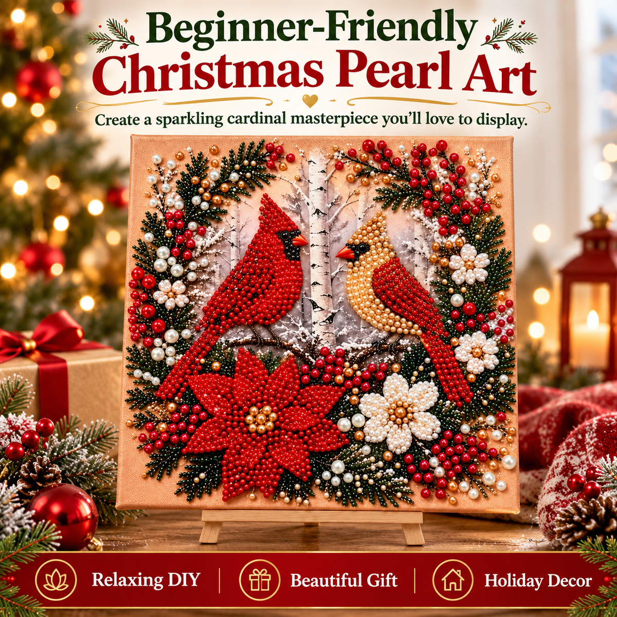 🎄✨ Cozy Christmas Pearl Art™ – Beginner-Friendly 3D Beaded DIY Craft Kit | Hot Cocoa & Christmas Cardinals | Handmade Holiday Décor & Gifts ❤️