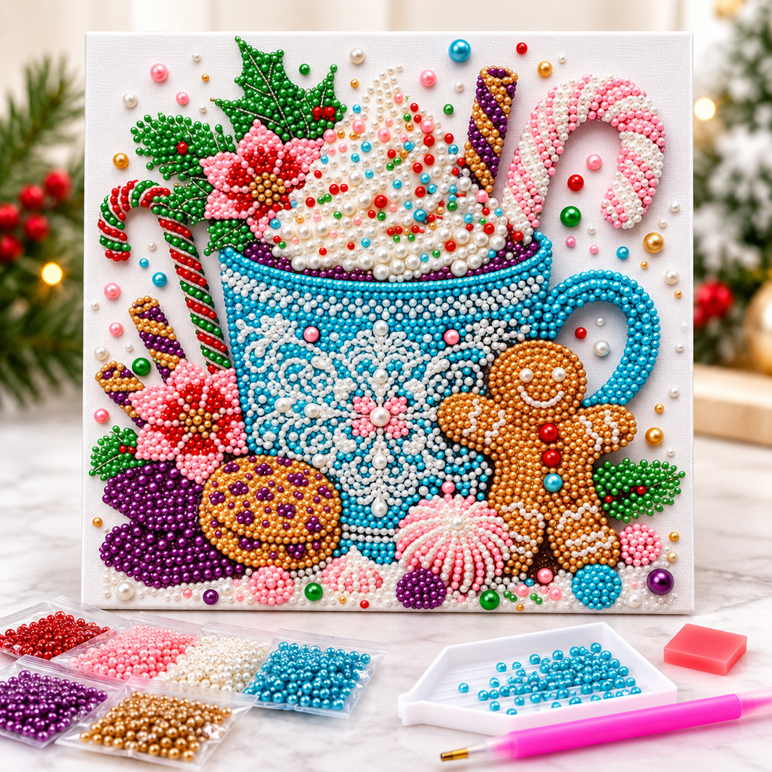 Cozy Cocoa Christmas Pearl Art with hot cocoa mug gingerbread and craft beads