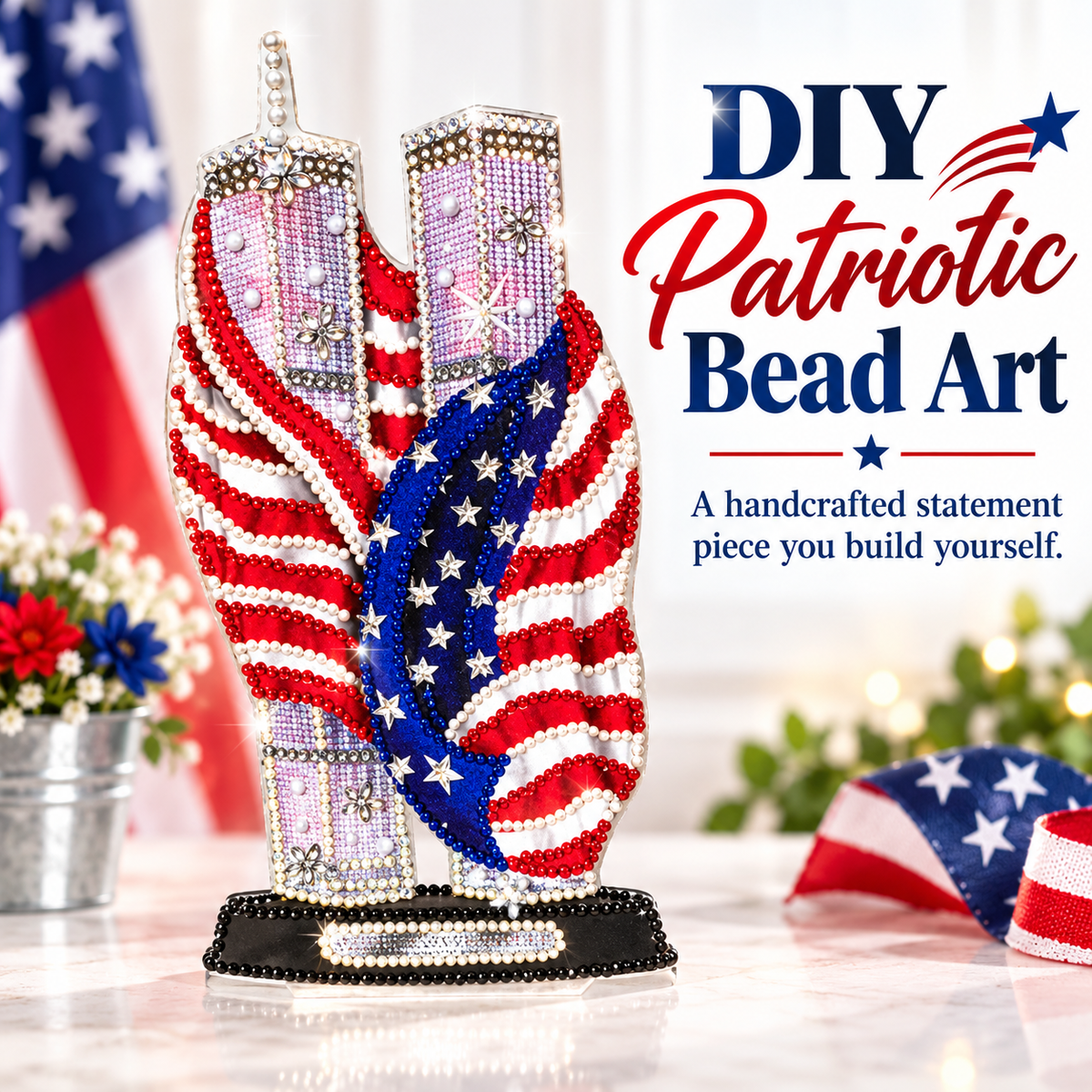 Twin Towers patriotic DIY bead art finished design