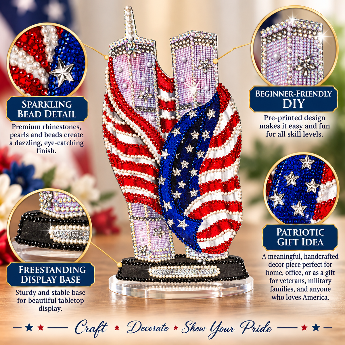 Close-up of rhinestones pearls and patriotic bead details