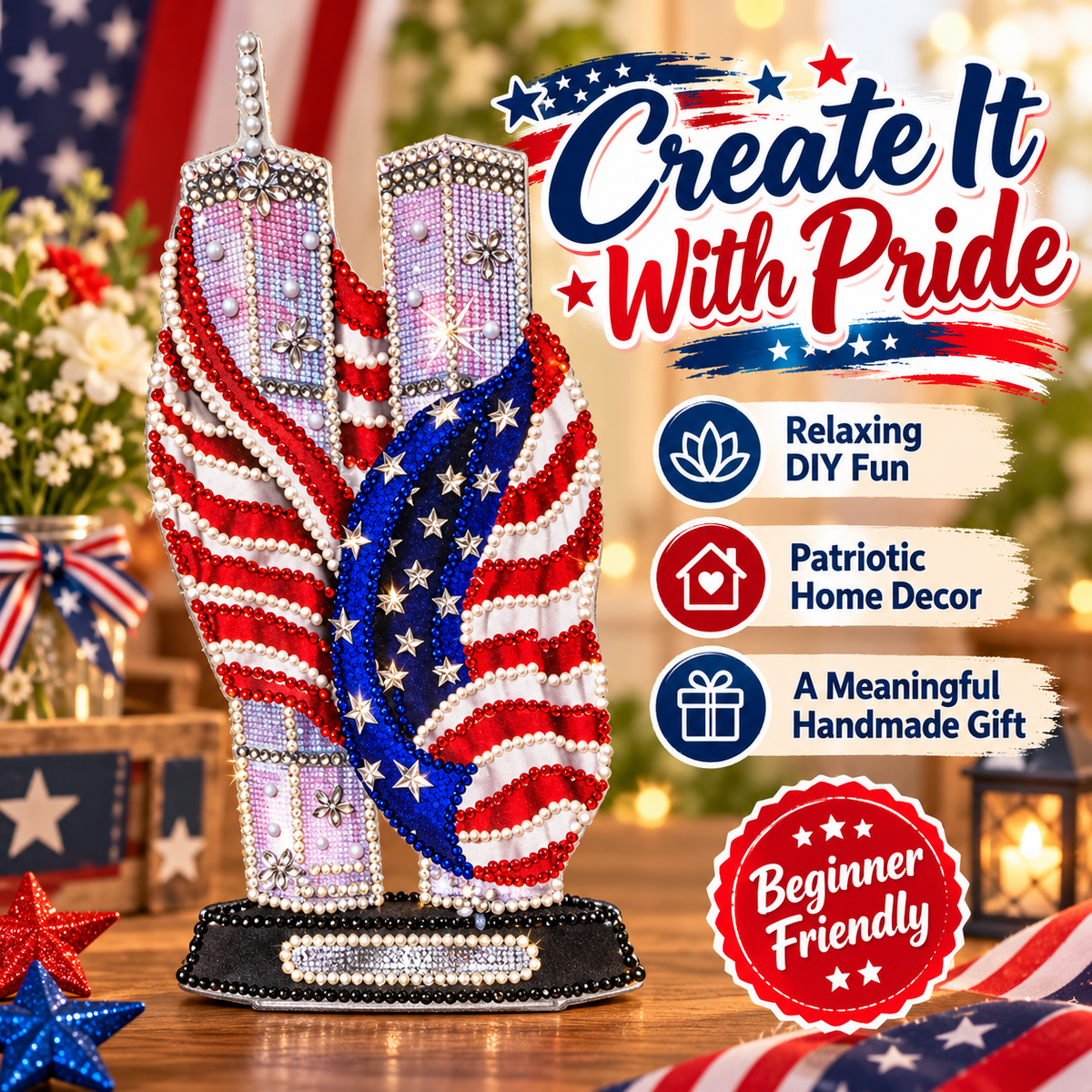 Completed patriotic Twin Towers rhinestone bead art on display