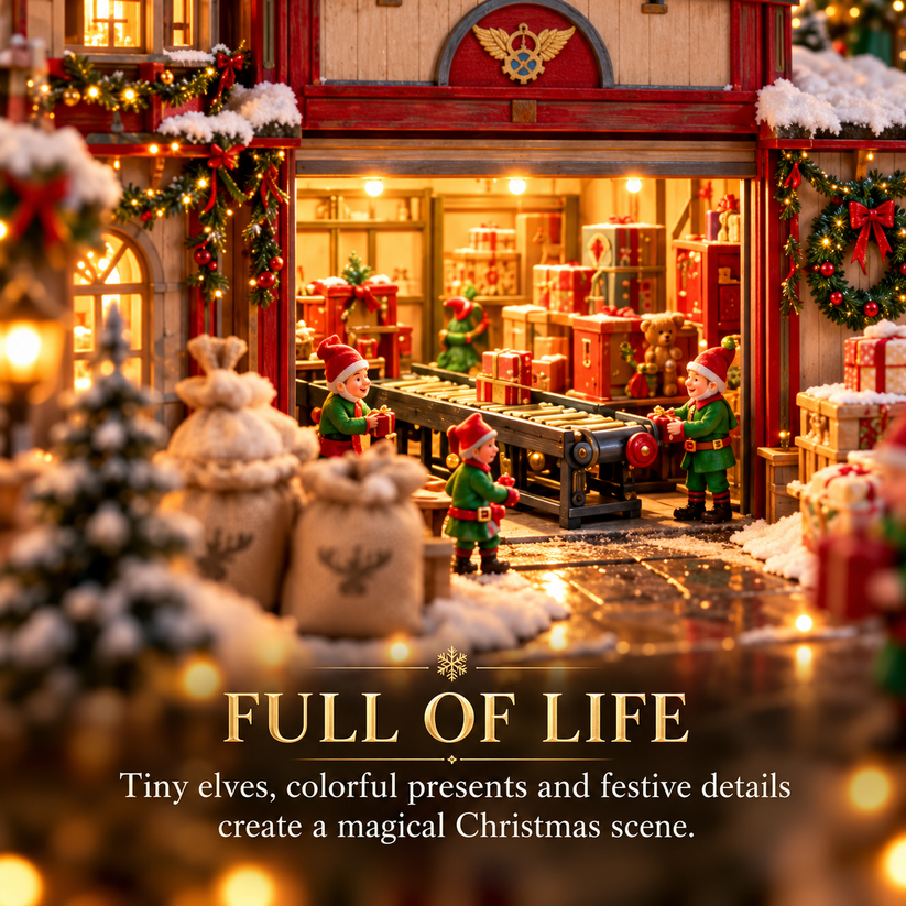 North Pole Christmas gift depot and elf workshop scene
