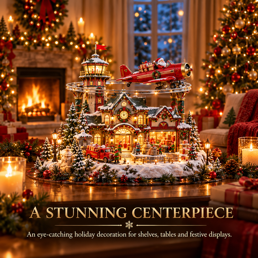 North Pole Air Mail Village displayed in Christmas living room