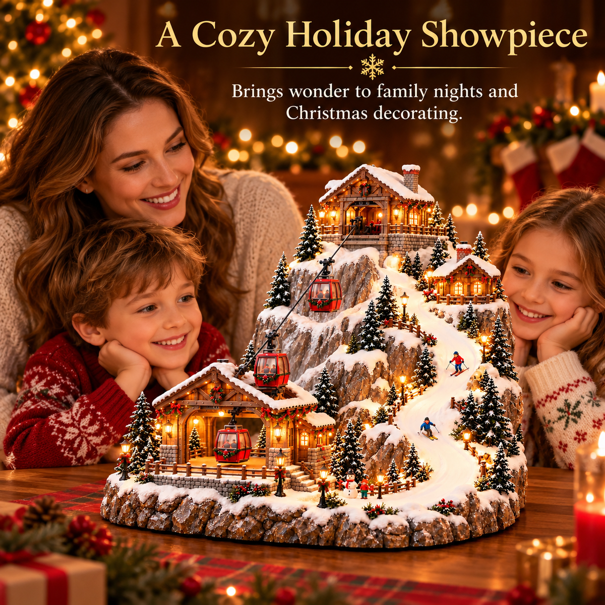 Family enjoying animated Christmas village