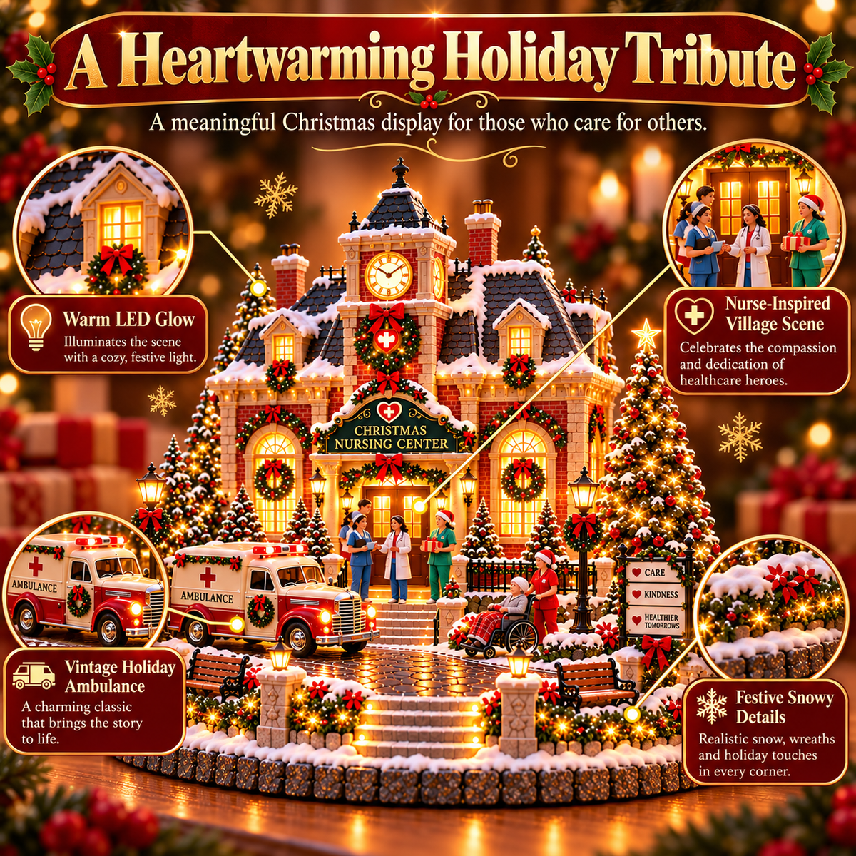 Nurse-inspired Christmas village showing warm lighting, healthcare figures and festive snowy details