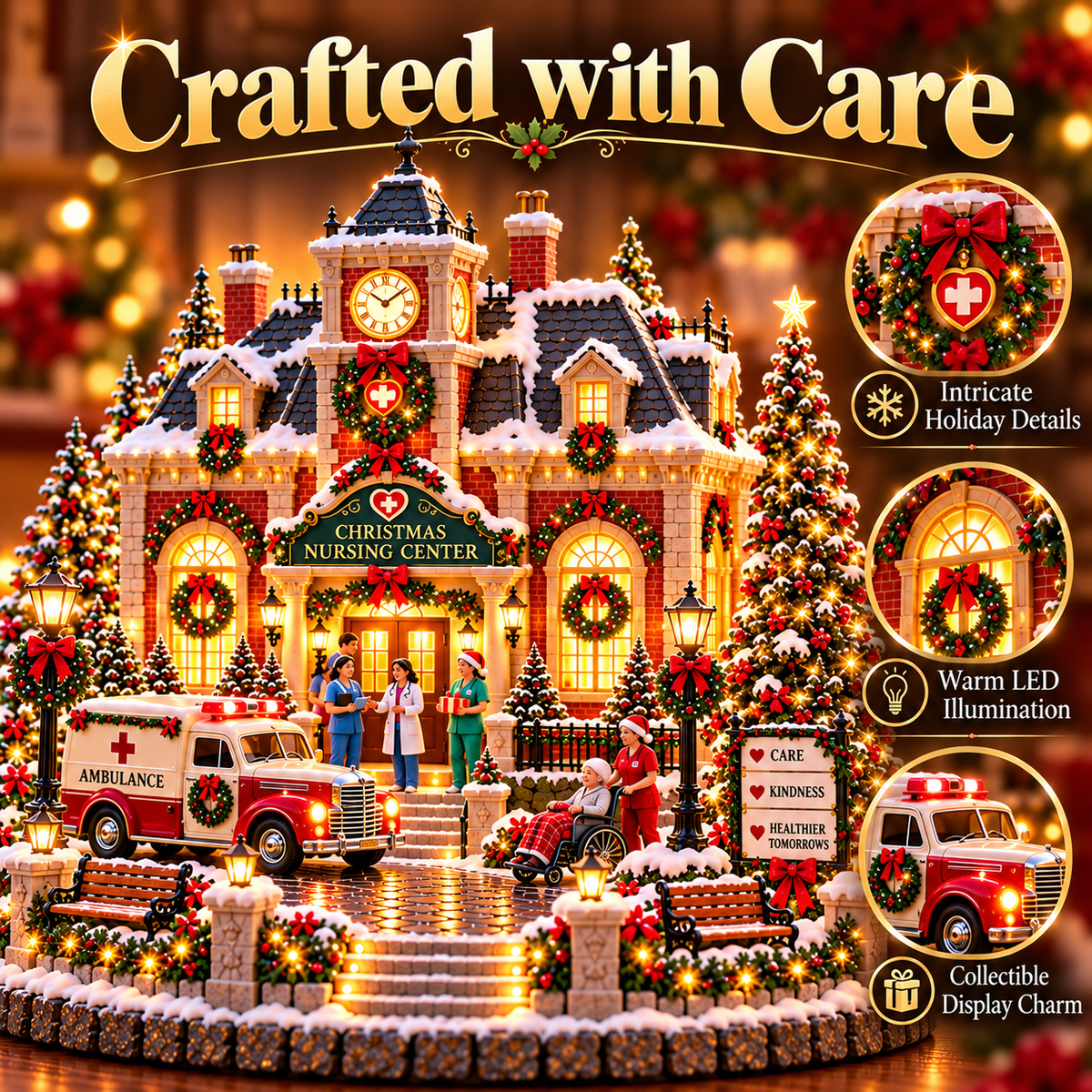 Close details of Christmas wreaths, glowing windows, nursing center and vintage holiday ambulance