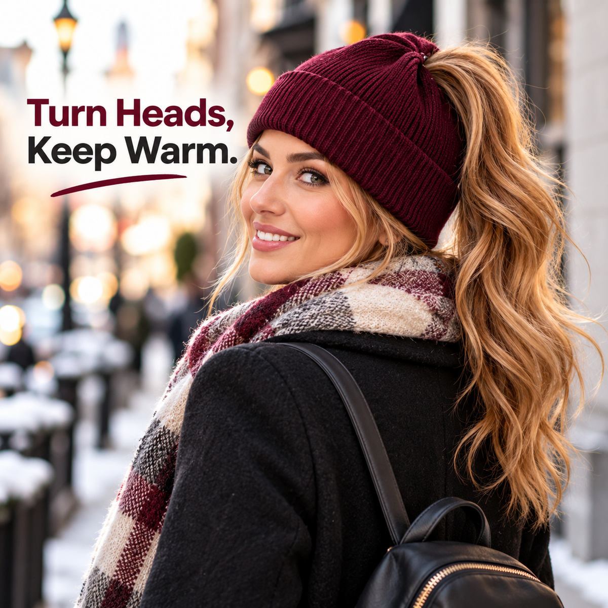 Woman wearing a burgundy magnetic ponytail beanie on a winter street