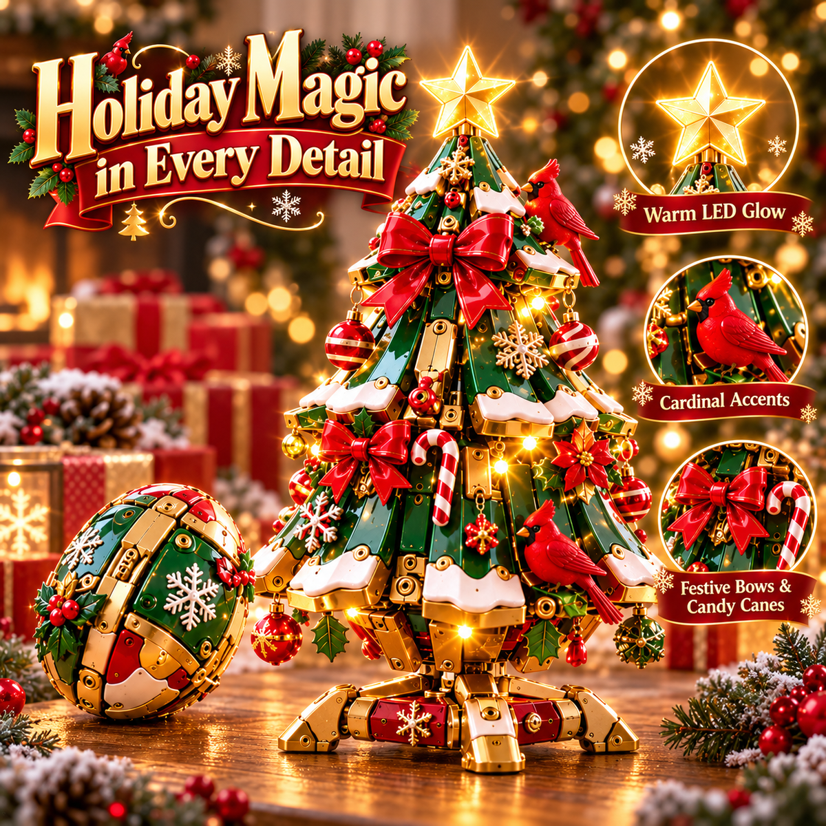 Close-up of Christmas tree decorations, cardinal accents and warm lighting