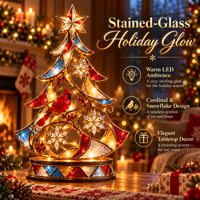 Cardinal stained glass style lighted Christmas tree with red cardinal and snowflake artwork