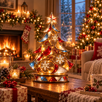🎄 Cardinal Stained-Glass Christmas Tree™ – Lighted Holiday Tabletop Decor with Snowflakes & Warm Glow