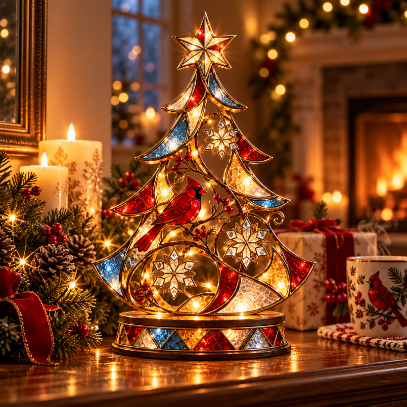 Cardinal Christmas tabletop tree displayed as festive home decor