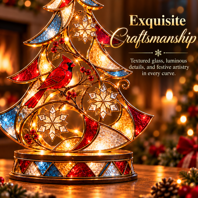 Cardinal and snowflake decorative details on lighted Christmas tree