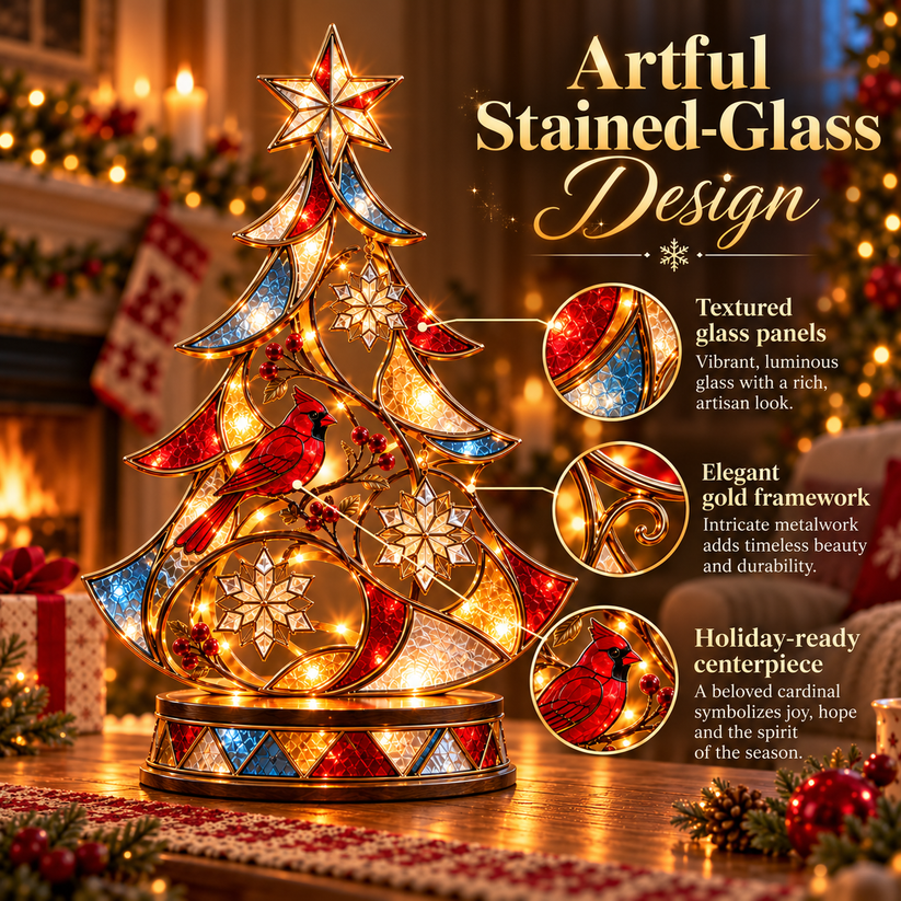 Lighted red cardinal stained glass style Christmas tree gift display