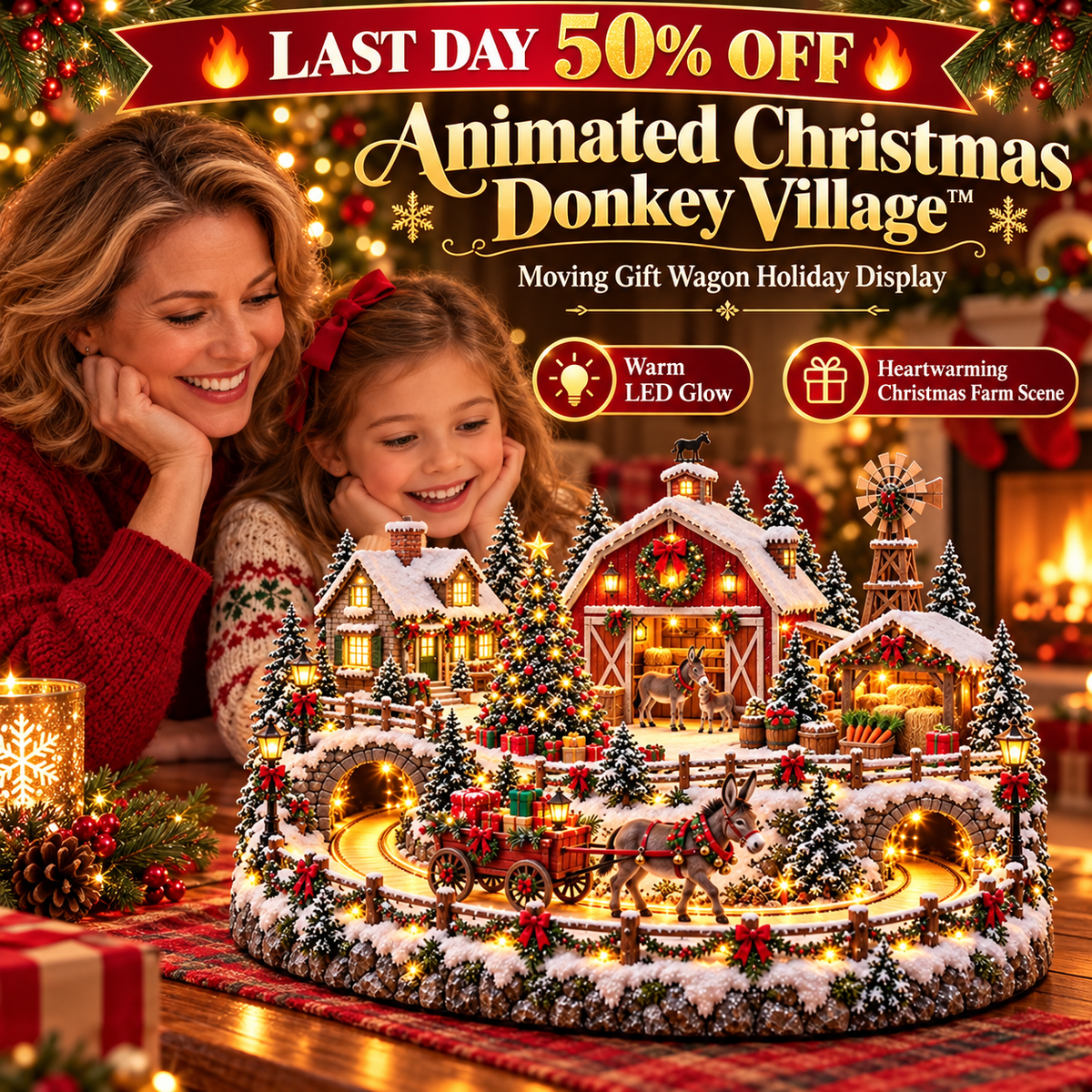 🔥 LAST DAY 50% OFF 🔥 🫏 Christmas Donkey Village™ – Animated Moving Gift Wagon, Warm Holiday Lights & Snowy Farm Christmas Display 🎄✨