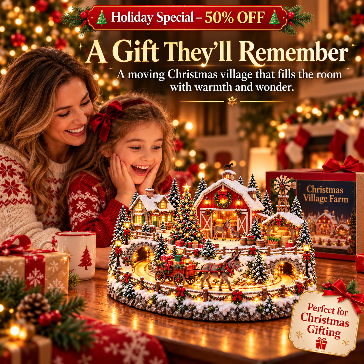 🔥 LAST DAY 50% OFF 🔥 🫏 Christmas Donkey Village™ – Animated Moving Gift Wagon, Warm Holiday Lights & Snowy Farm Christmas Display 🎄✨