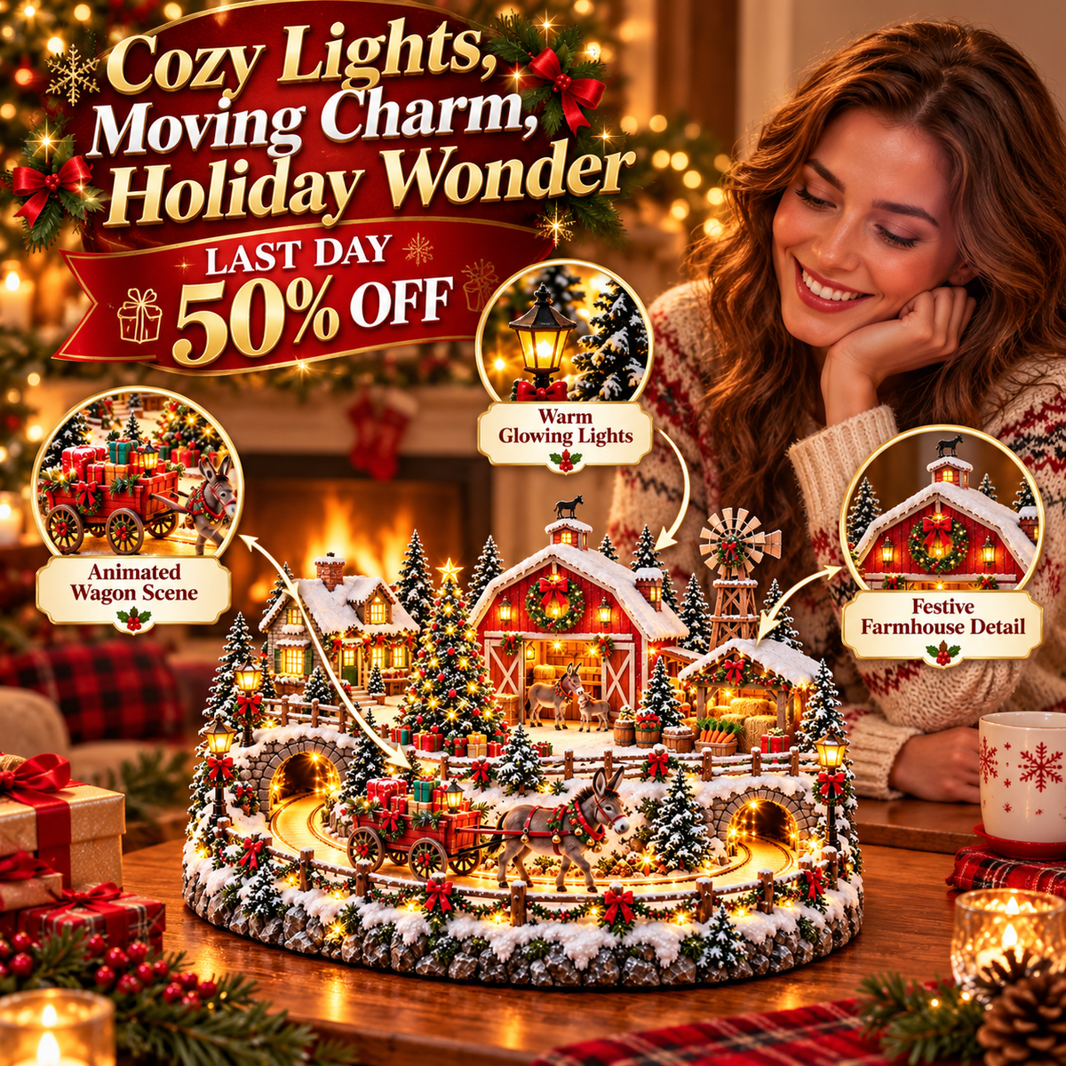 Woman admiring the Christmas donkey village with highlights of the wagon, lanterns and barn
