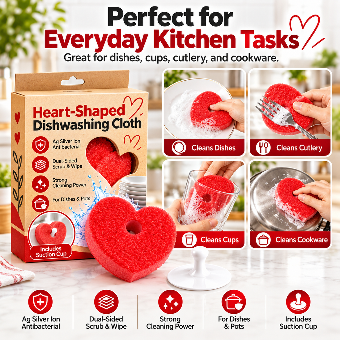 Heart-shaped dual-sided dish scrubber used for plates, cups, utensils and cookware