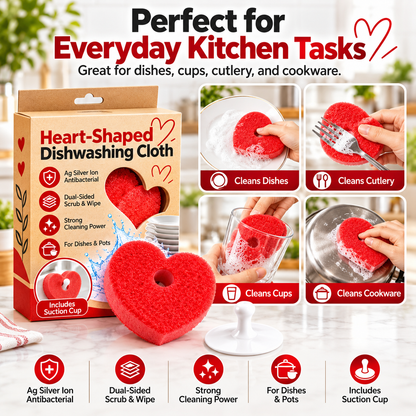 ❤️ Heart-Shaped Dish Scrubbers™ – Ag Silver-Ion Dual-Sided Cleaning Pads with Hanging Holder | 3-Pack