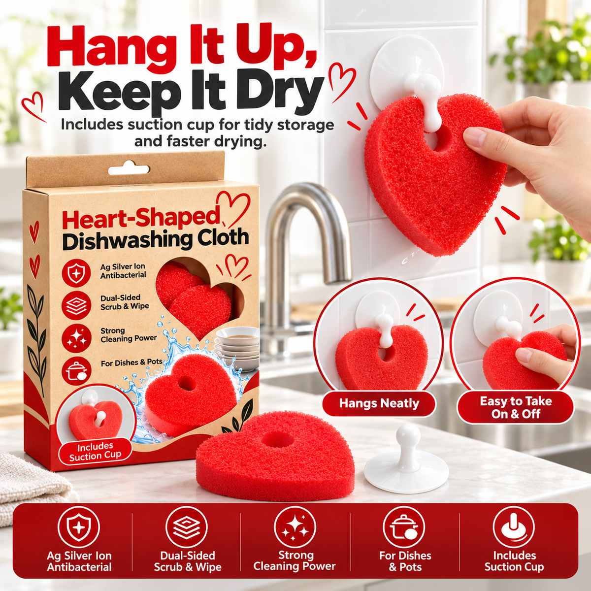 ❤️ Heart-Shaped Dish Scrubbers™ – Ag Silver-Ion Dual-Sided Cleaning Pads with Hanging Holder | 3-Pack