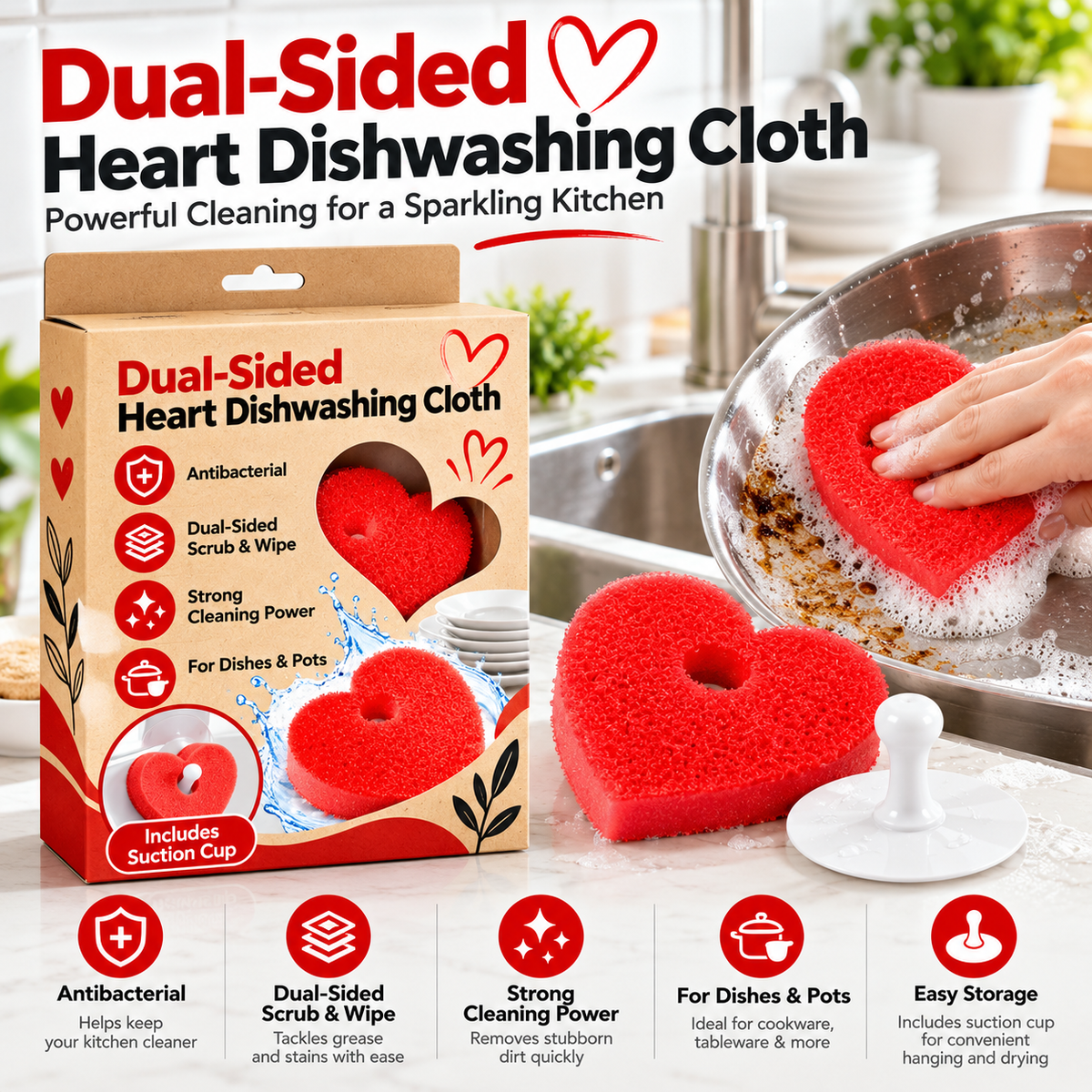 ❤️ Heart-Shaped Dish Scrubbers™ – Ag Silver-Ion Dual-Sided Cleaning Pads with Hanging Holder | 3-Pack