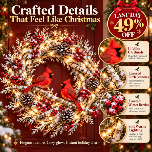 🔥 LAST DAY 49% OFF 🔥 Snowy Birch Cardinal Wreath™ – Lighted Christmas Door Wreath with Paired Red Cardinals, Berries & Pinecones ❤️🎄✨