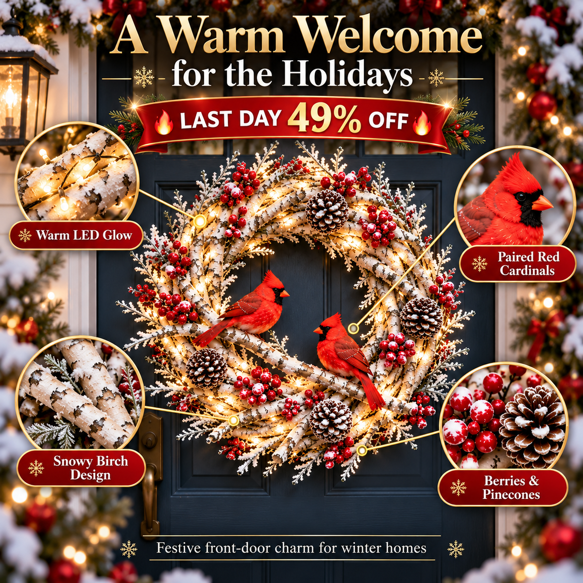 🔥 LAST DAY 49% OFF 🔥 Snowy Birch Cardinal Wreath™ – Lighted Christmas Door Wreath with Paired Red Cardinals, Berries & Pinecones ❤️🎄✨