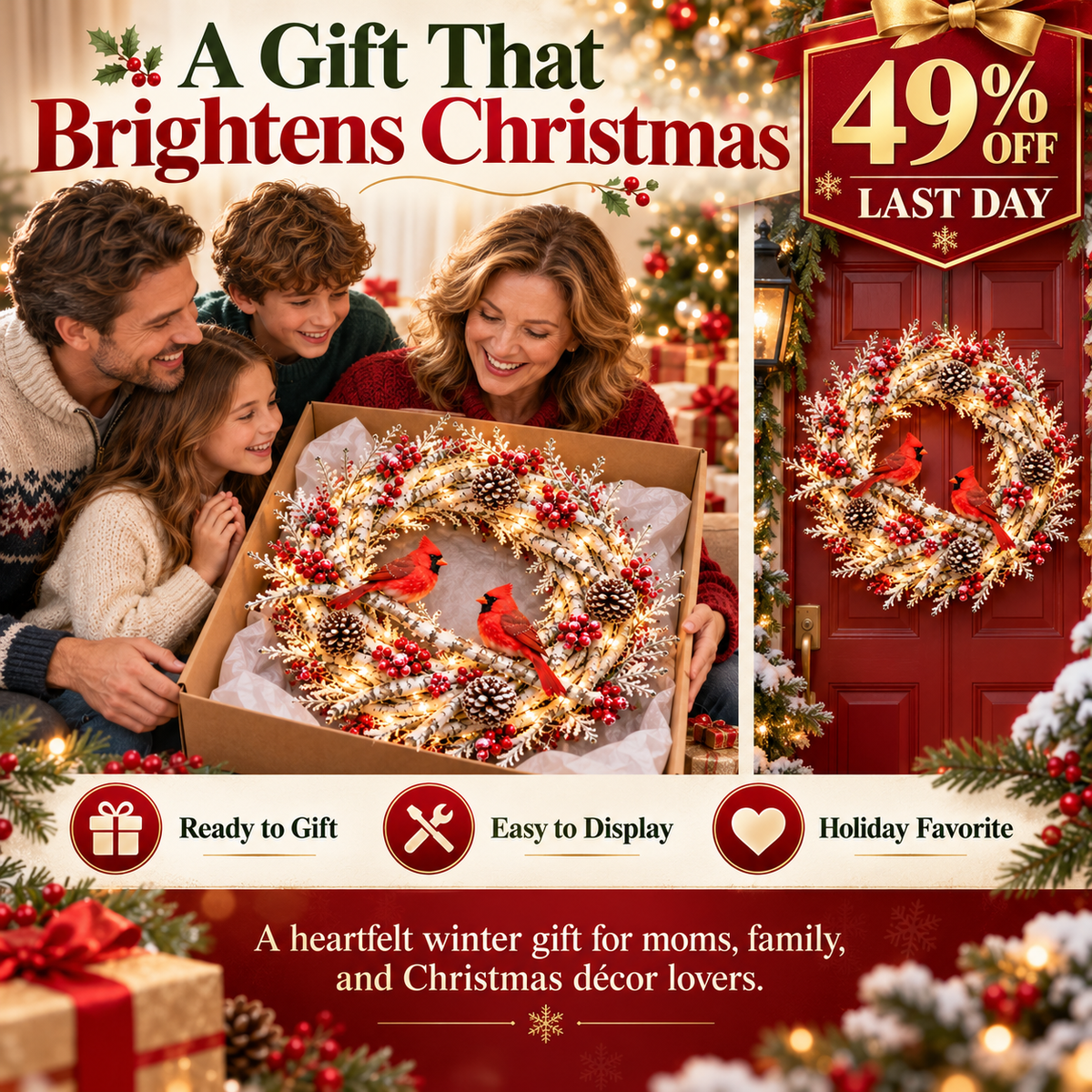 🔥 LAST DAY 49% OFF 🔥 Snowy Birch Cardinal Wreath™ – Lighted Christmas Door Wreath with Paired Red Cardinals, Berries & Pinecones ❤️🎄✨