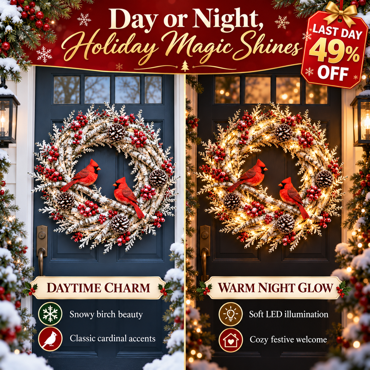 🔥 LAST DAY 49% OFF 🔥 Snowy Birch Cardinal Wreath™ – Lighted Christmas Door Wreath with Paired Red Cardinals, Berries & Pinecones ❤️🎄✨
