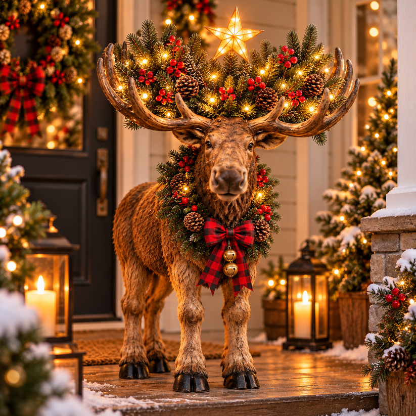 Christmas moose styled with rustic woodland holiday decorations