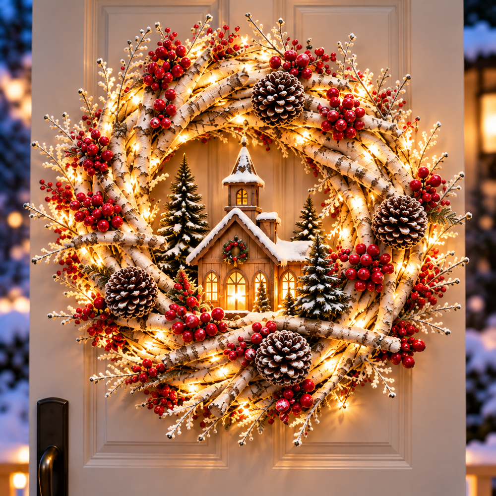 Snowman Christmas wreath with a red scarf, miniature birdhouse, lantern and snowy branches