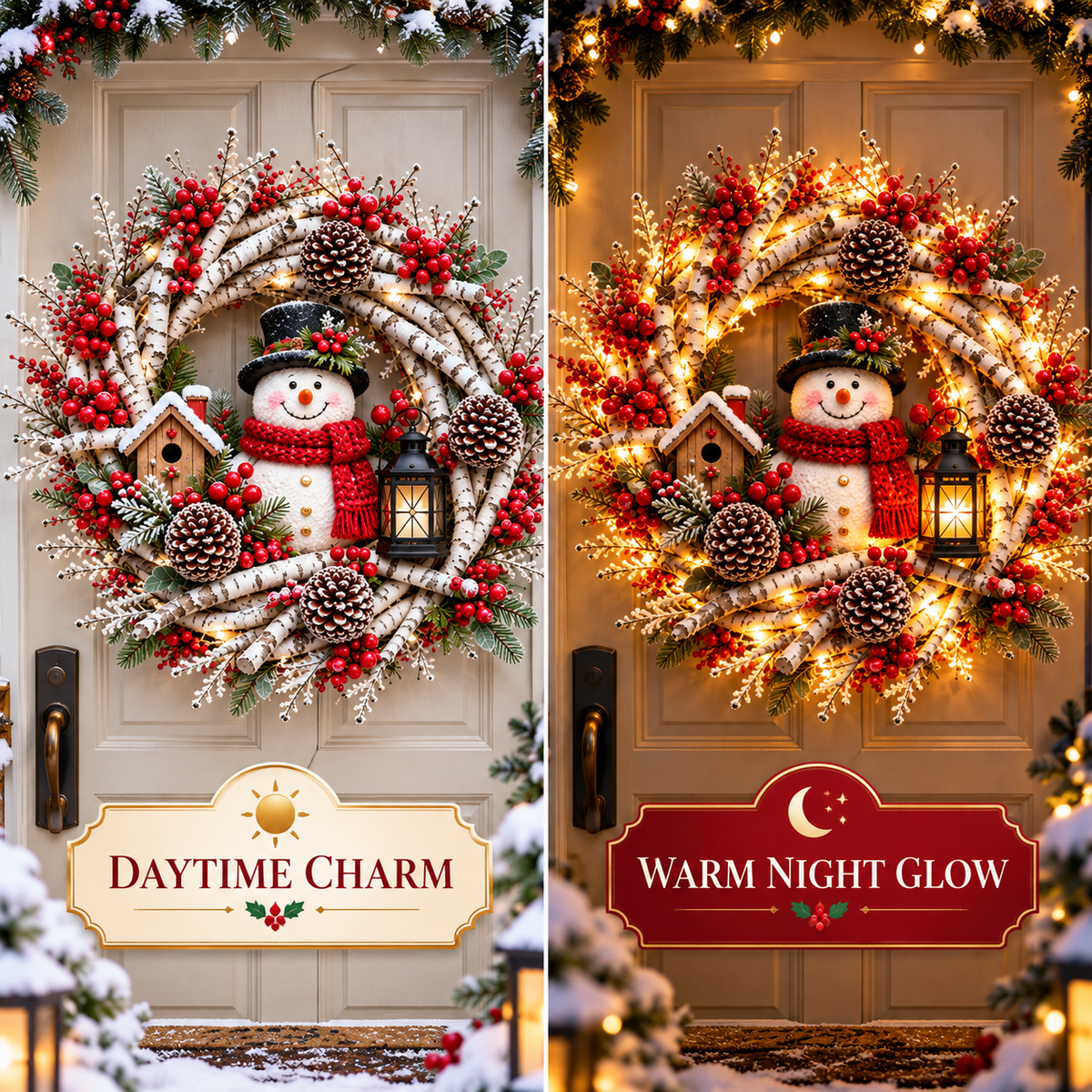 Snowy Birch Cardinal Wreath with two red cardinals, berries, pinecones and warm lights