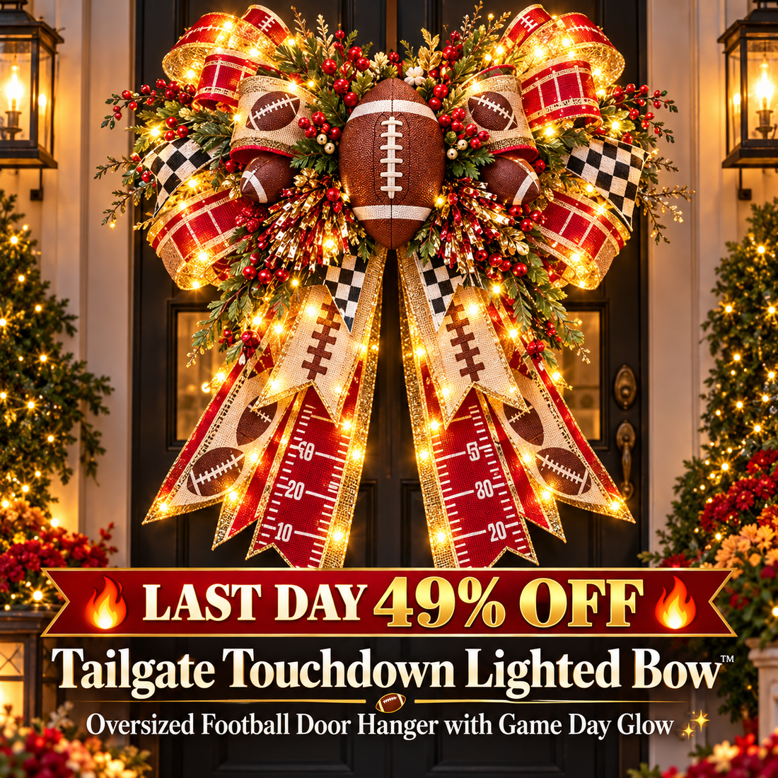 Tailgate Touchdown oversized lighted bow door decoration