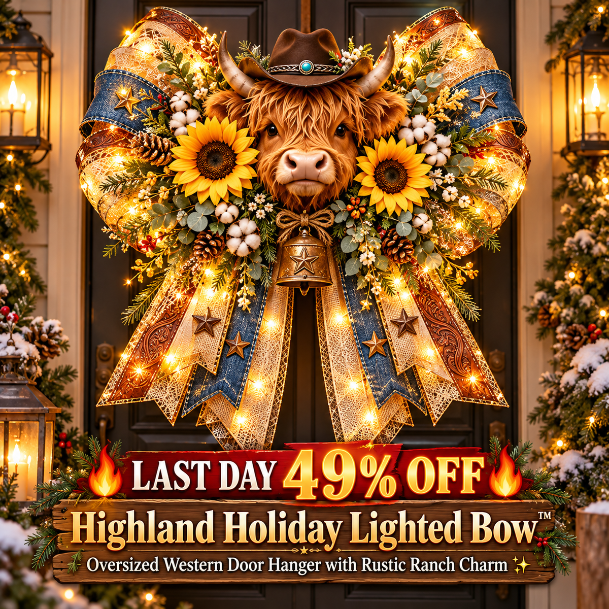 Oversized lighted bow door decoration with layered ribbons and a themed centerpiece