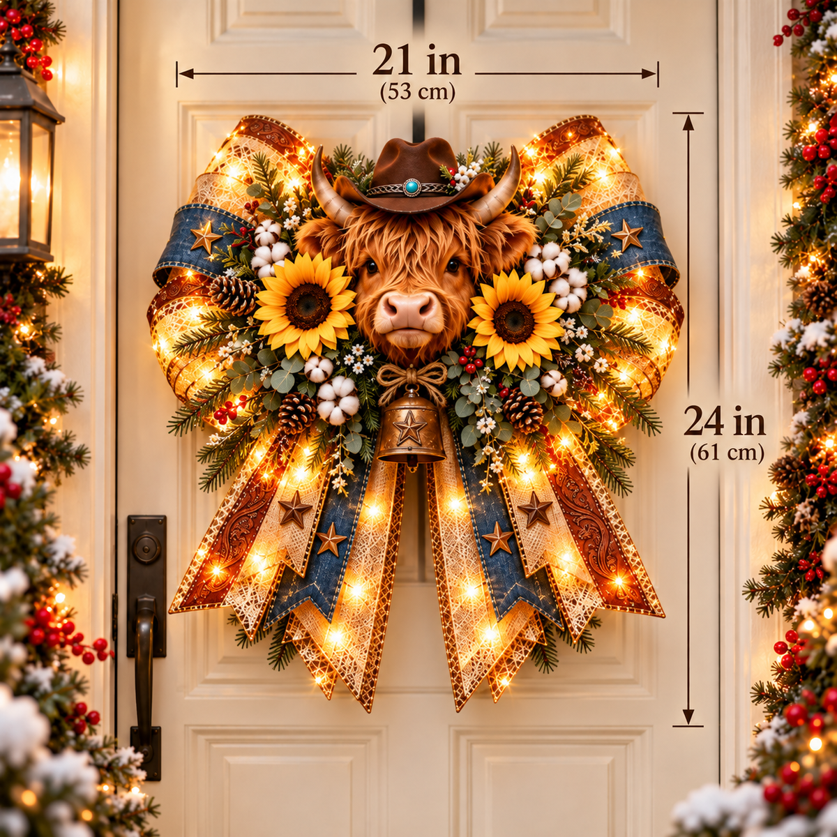 🔥 Last Day 49% OFF 🐮✨ Highland Cow Lighted Christmas Bow | Oversized, Pre-Lit, and Western-Inspired Door Decor 🎄🤠
