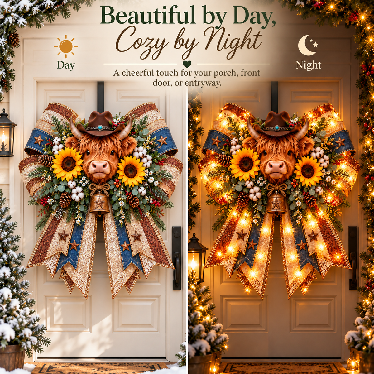 Highland cow bow door hanger shown in daylight and illuminated at night