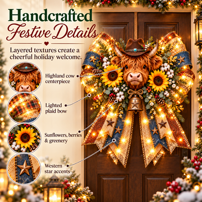 🔥 Last Day 49% OFF 🐮✨ Highland Cow Lighted Christmas Bow | Oversized, Pre-Lit, and Western-Inspired Door Decor 🎄🤠