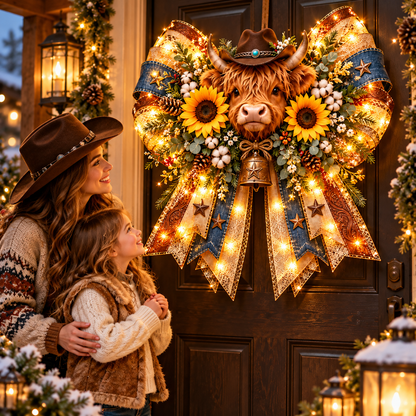 🔥 Last Day 49% OFF 🐮✨ Highland Cow Lighted Christmas Bow | Oversized, Pre-Lit, and Western-Inspired Door Decor 🎄🤠