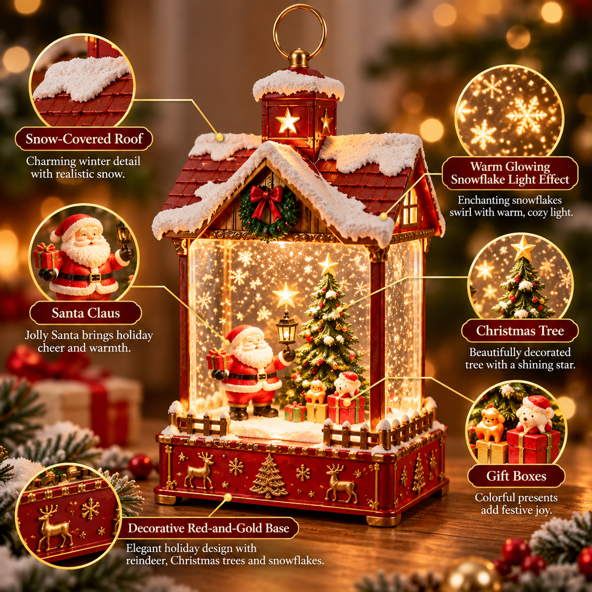 Christmas snowy cottage lantern details