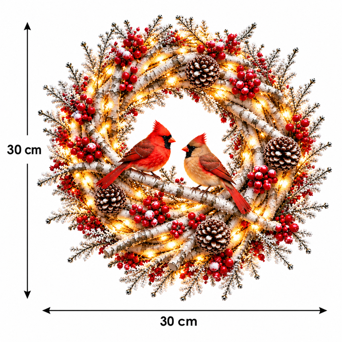 🔥 LAST DAY 49% OFF 🔥❤️🐦 Official Cardinals Together™ – Premium Lighted Snowy Birch Christmas Wreath with Male & Female Cardinals, Berries & Pinecones 🎄✨