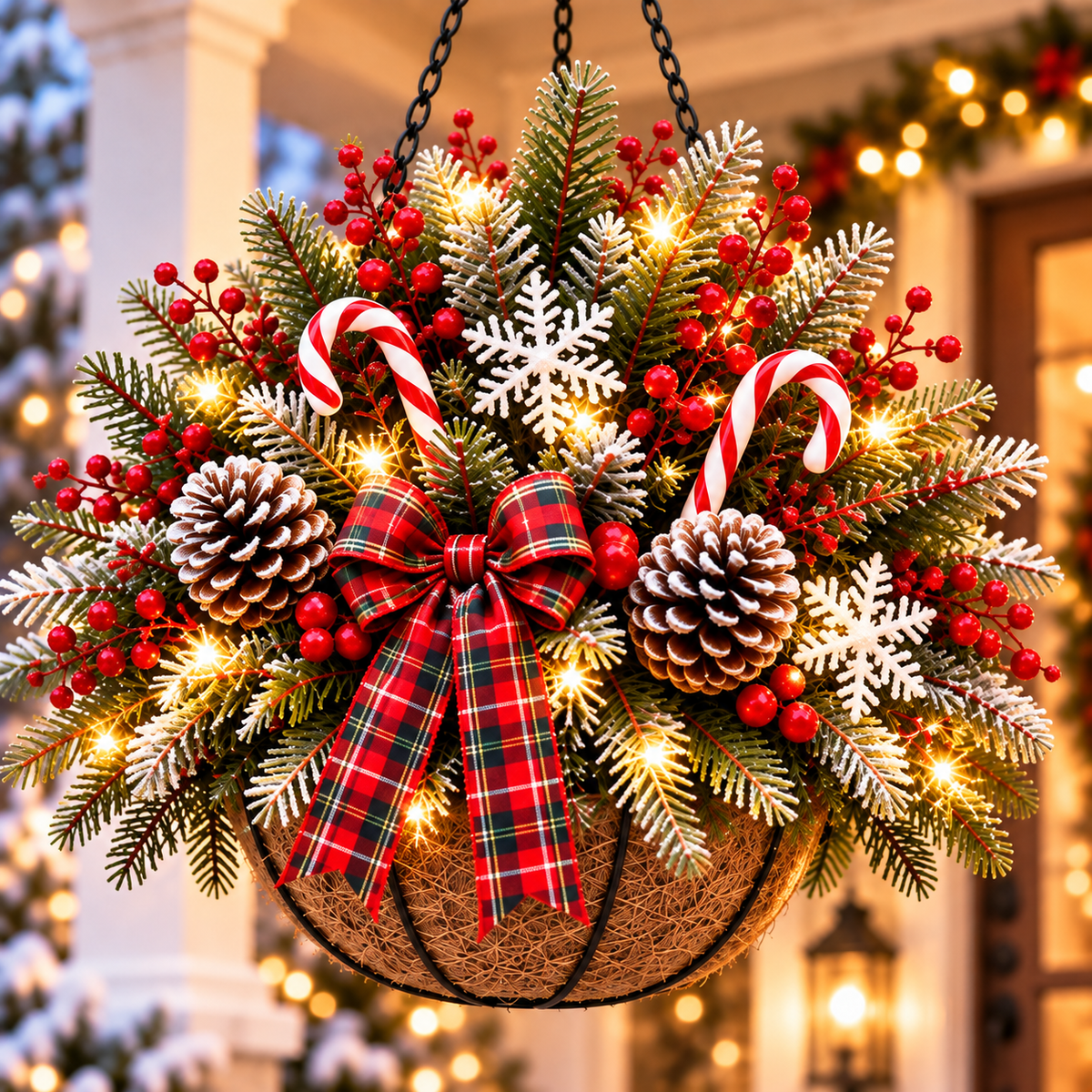 Full Christmas front porch with hanging baskets