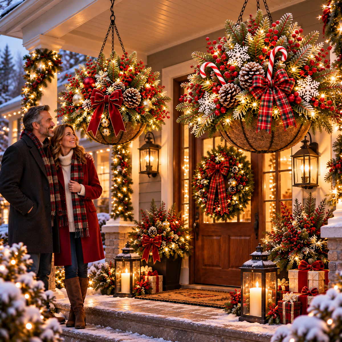 Couple admiring Christmas porch hanging basket