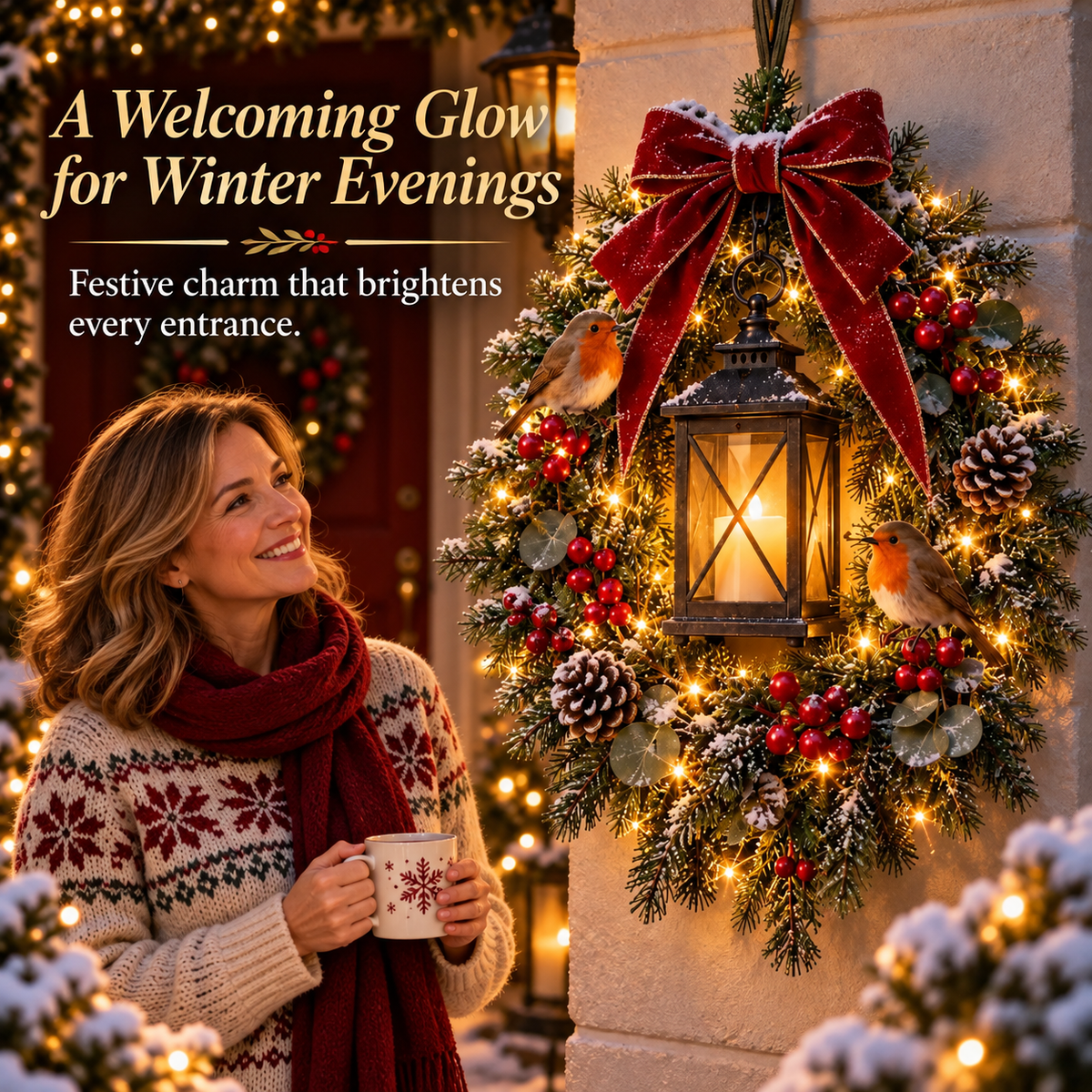 Woman enjoying Lighted Robin Christmas Wreath