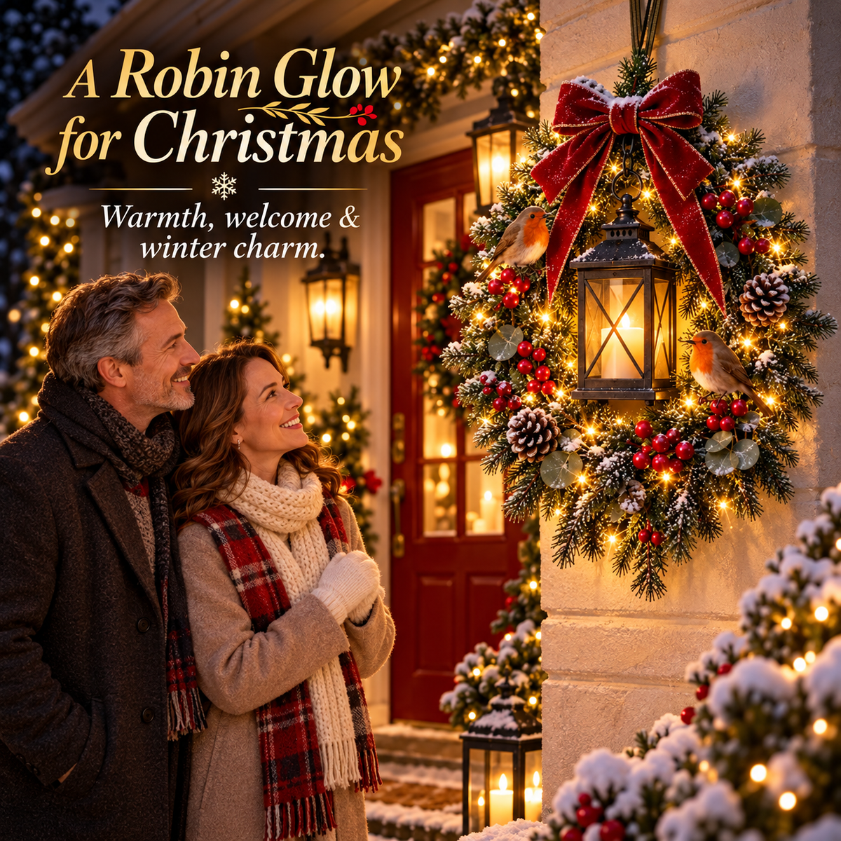 Couple admiring A Robin Glow Christmas wreath