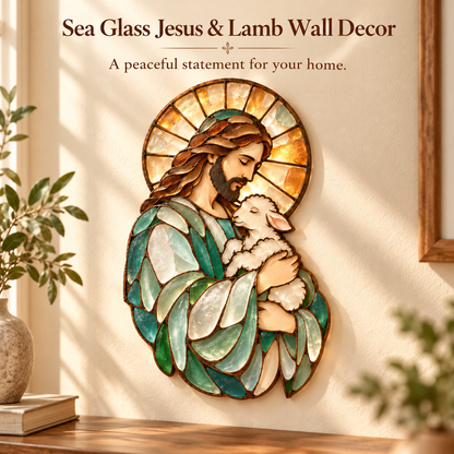✝️ The Good Shepherd™ Sea Glass-Inspired Wall Art – Jesus Holding Lamb Christian Decor | A Beautiful Symbol of Faith, Love & Protection 🐑❤️
