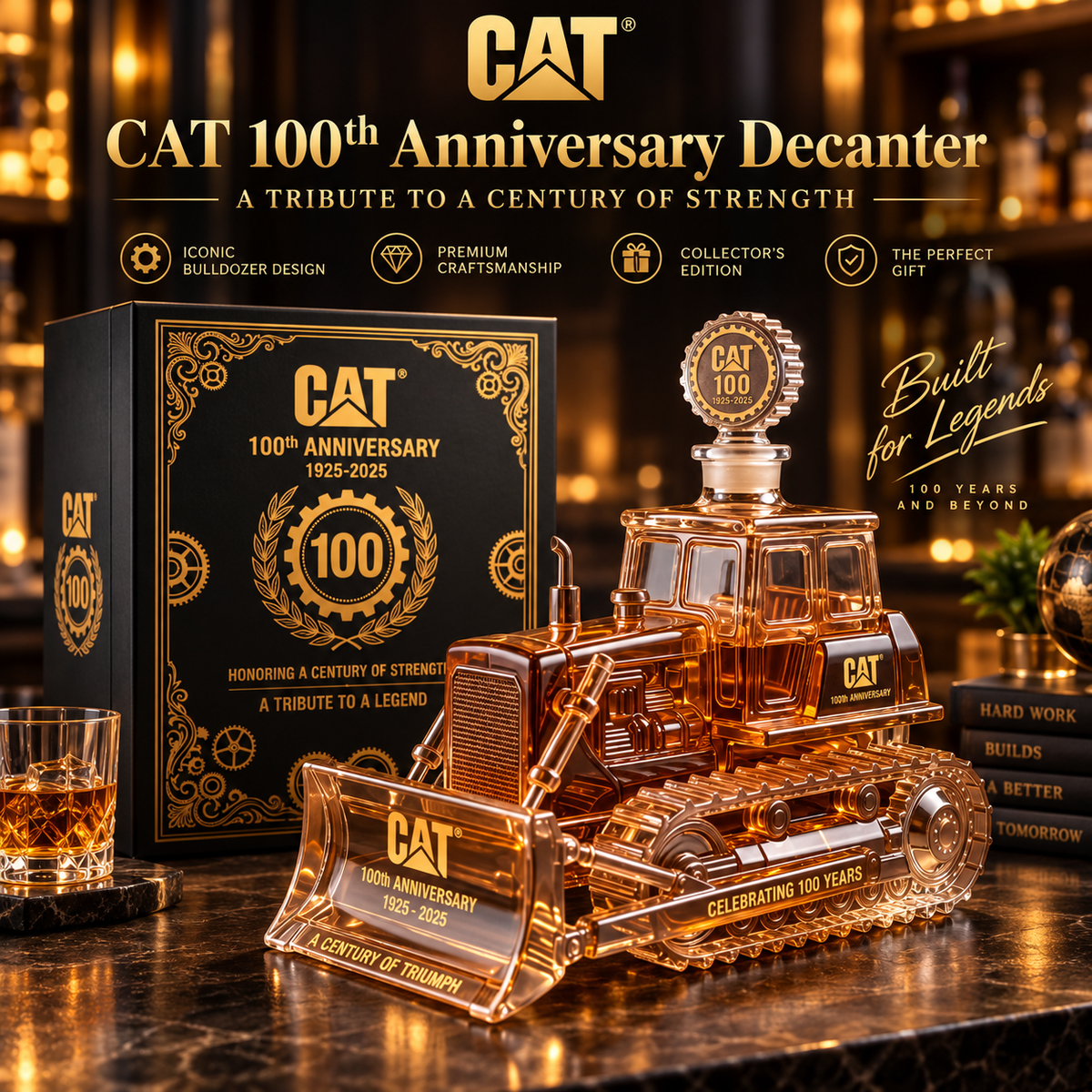 🔥 LIMITED-TIME OFFER | CAT 100th Anniversary Bulldozer Crystal Whiskey Decanter – 1925–2025 Collector Edition Display & Gift