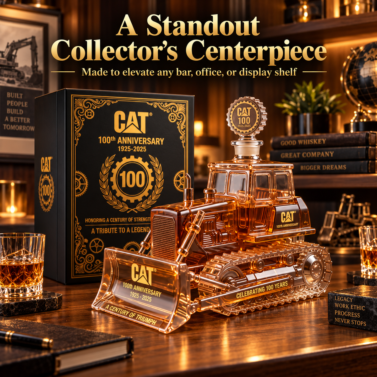 🔥 LIMITED-TIME OFFER | CAT 100th Anniversary Bulldozer Crystal Whiskey Decanter – 1925–2025 Collector Edition Display & Gift